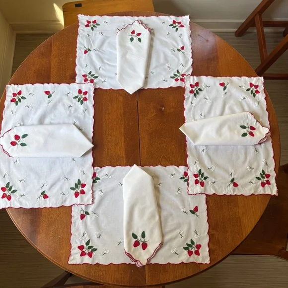 Vintage Strawberry Embroidered White Napkins & Placemats - set of 8